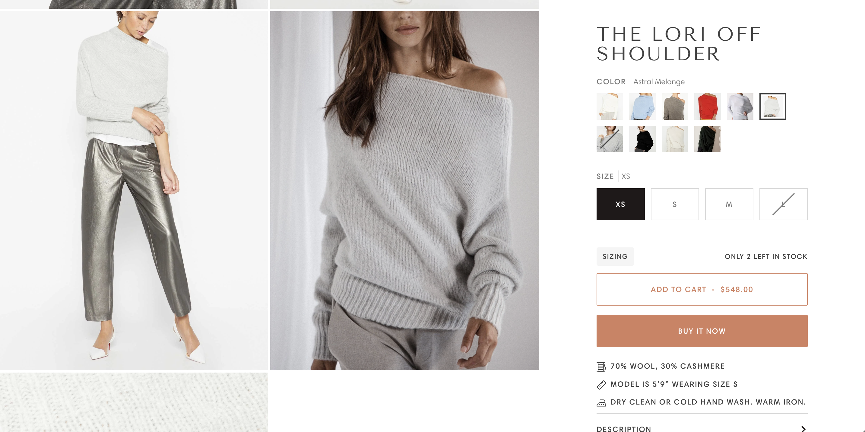 Picture of a sweater product page from a website using Pipeline theme that is one of the best Shopify themes.